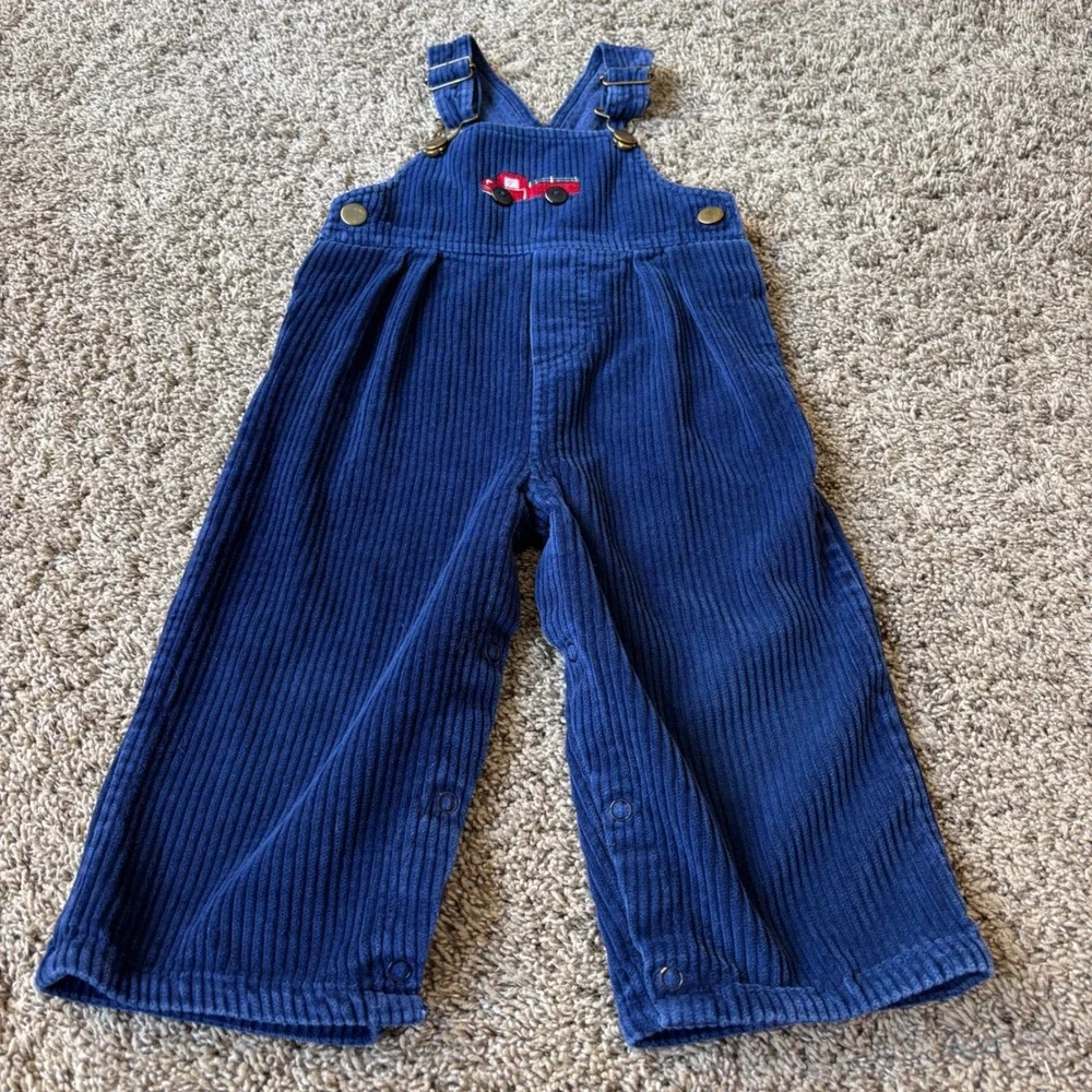 OshKosh Bgosh Navy Blue Corduroy Fire Truck Overalls Cow Embroidery Snap Inseam